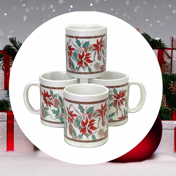 4 Vintage Christmas Holiday Cups/Mugs Poinsettias & Pinecones - Picture 1 of 7